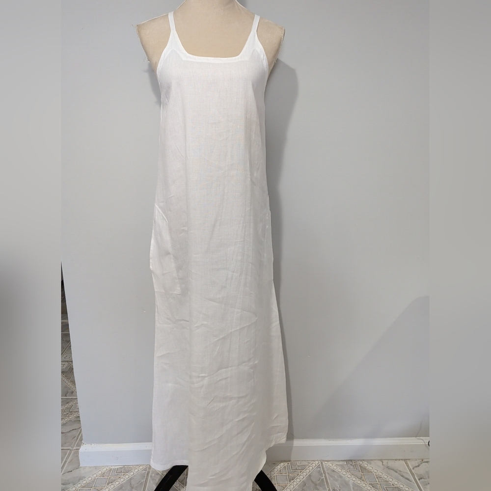 120% Lino White 100% Linen Slip Maxi Dress w/ Pockets 42 Lagenlook